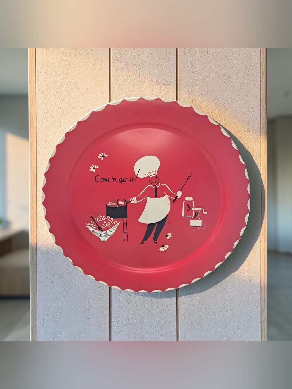 Vintage 1950s Stoyke Red Metal Serving Tray Wall Decor BBQ Chef